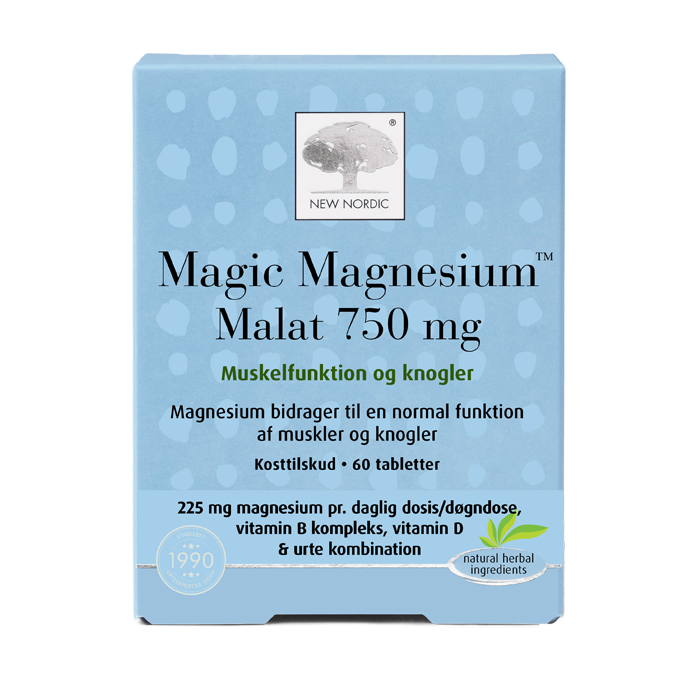 „New Nordic Magic“ magnio milteliai, 750 mg pakuotė ant balto fono.