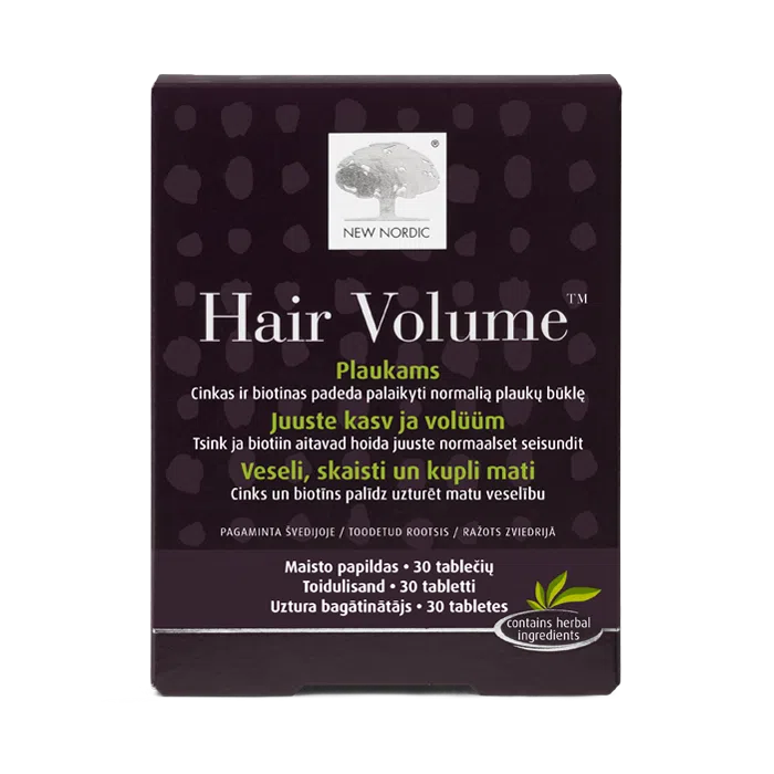 New Nordic Hair Volume™ maisto papildas su cinku ir biotinu normaliai plaukų būklei palaikyti.