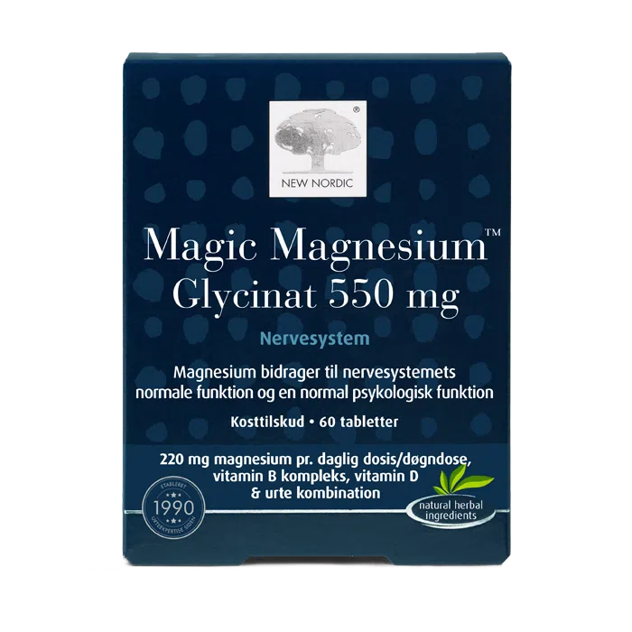 New Nordic Magic Magnesium™ Glycinat 550 mg maisto papildas su magniu, B grupės vitaminais, vitaminu D ir žolelių deriniu.