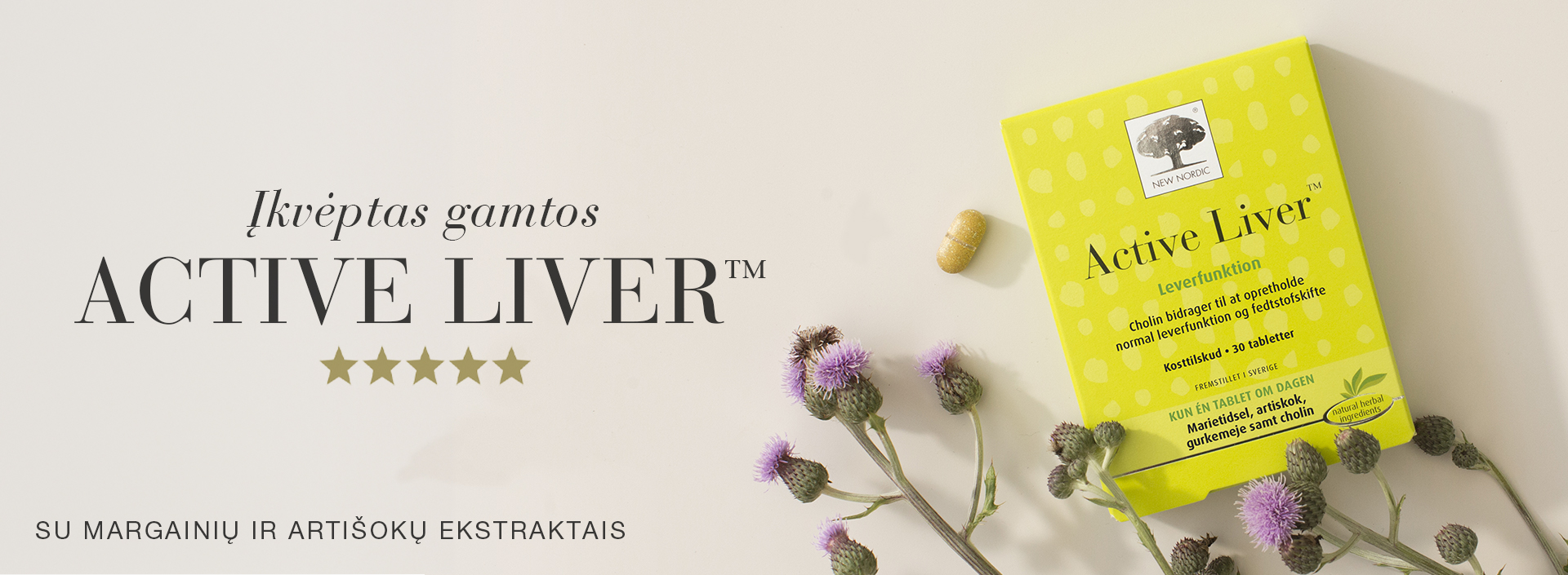 New Nordic Active Liver pakuotė su tablete ir margainio žiedais šviesiame fone.
