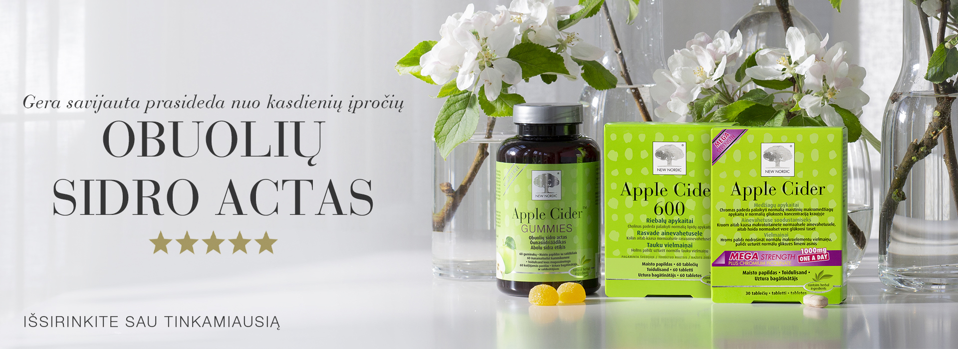 New Nordic Apple Cider Gummies ir Apple Cider papildai su guminukais ir tablete.