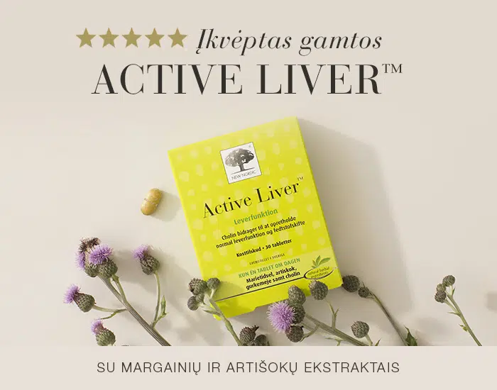 New Nordic Active Liver pakuotė su tablete ir margainio žiedais šviesiame fone.