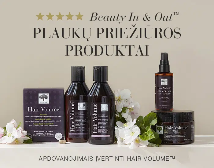 New Nordic Hair Volume™ plaukų priežiūros produktų linija su tabletėmis, šampūnu, kondicionieriumi, serumu ir kauke.