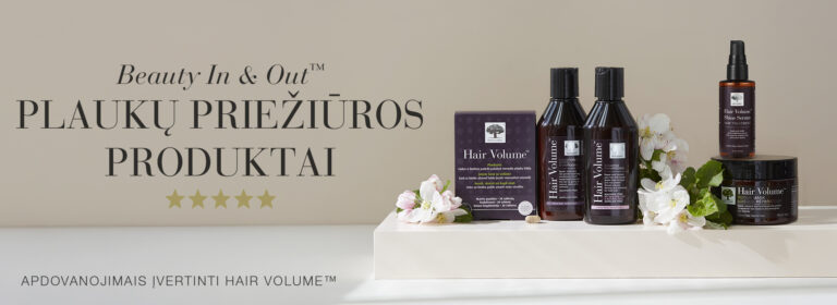 New Nordic Hair Volume™ plaukų priežiūros produktų linija su tabletėmis, šampūnu, kondicionieriumi, serumu ir kauke.
