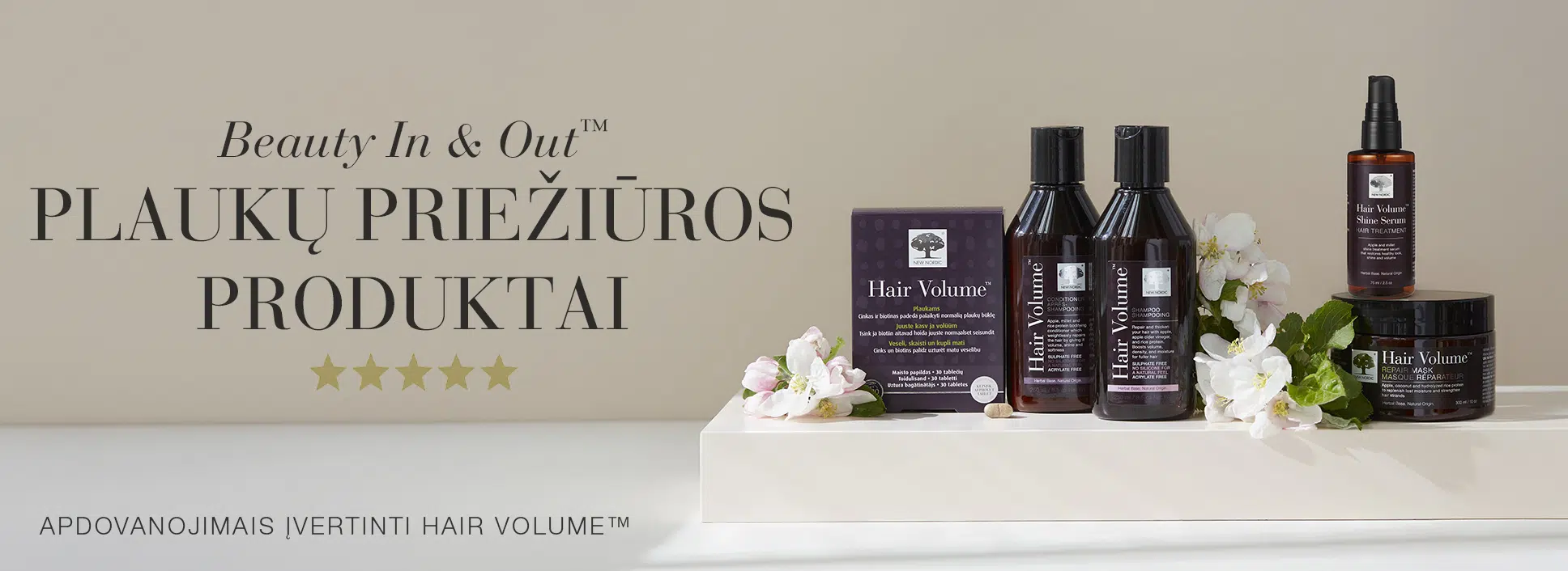 New Nordic Hair Volume™ plaukų priežiūros produktų linija su tabletėmis, šampūnu, kondicionieriumi, serumu ir kauke.
