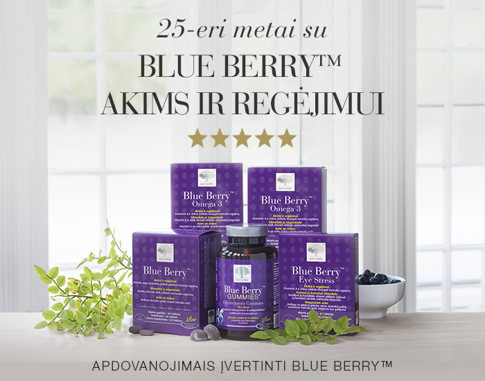New Nordic Blue Berry produktų asortimentas su mėlynėmis ir penkiomis žvaigždutėmis.