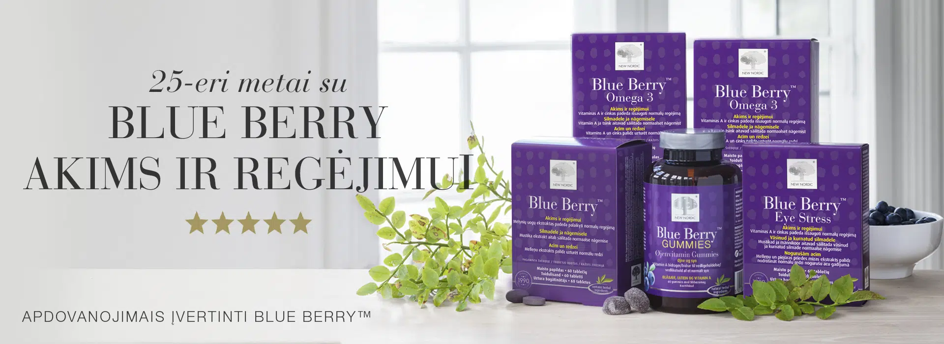 New Nordic Blue Berry produktų asortimentas su mėlynėmis ir penkiomis žvaigždutėmis.
