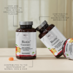 Pagrindiniai „Biotin™ Gummies“ privalumai, pateikti kaip vizualūs akcentai.