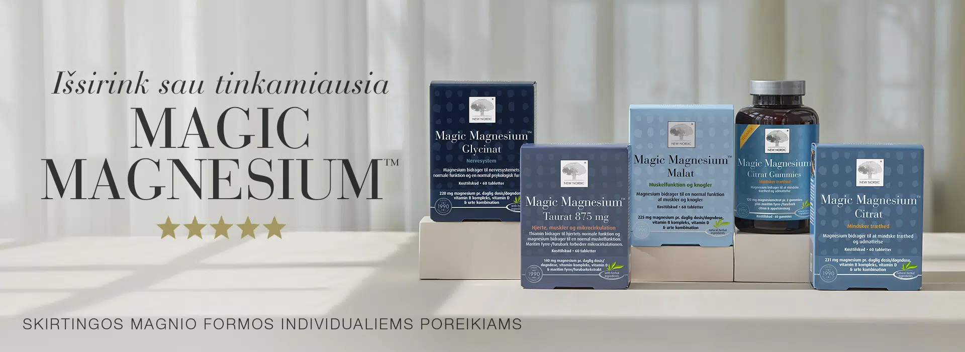 New Nordic Magic Magnesium Glycinat, Taurat, Malat, Citrat Gummies ir Citrat produktų asortimentas.