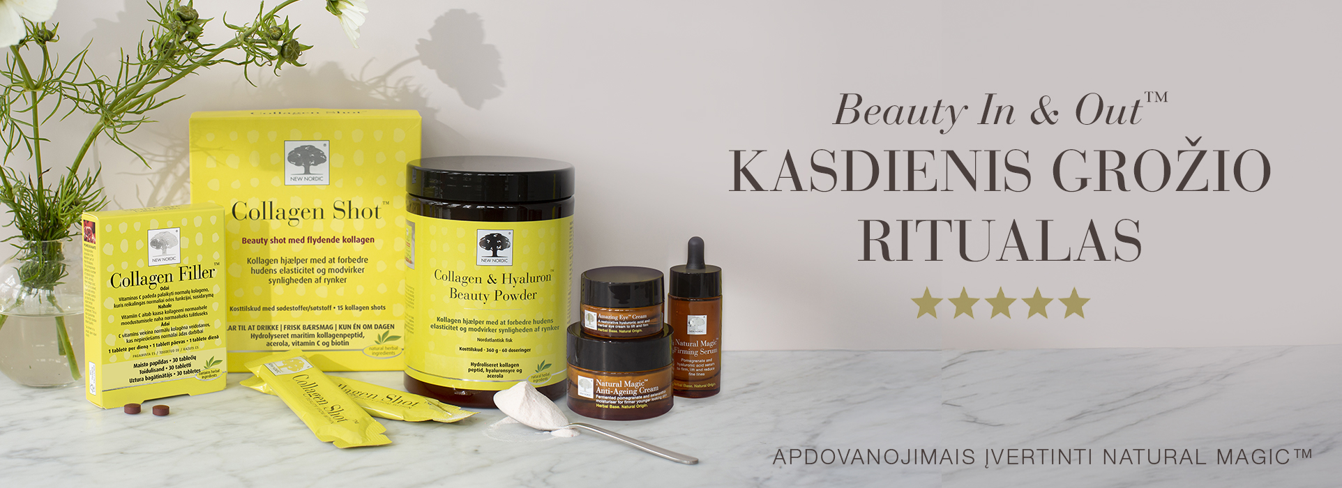 New Nordic Collagen Shot™, Collagen Filler™, Collagen & Hyaluronic Beauty Powder ir Natural Magic™ odos priežiūros produktai kasdieniam grožio ritualui.