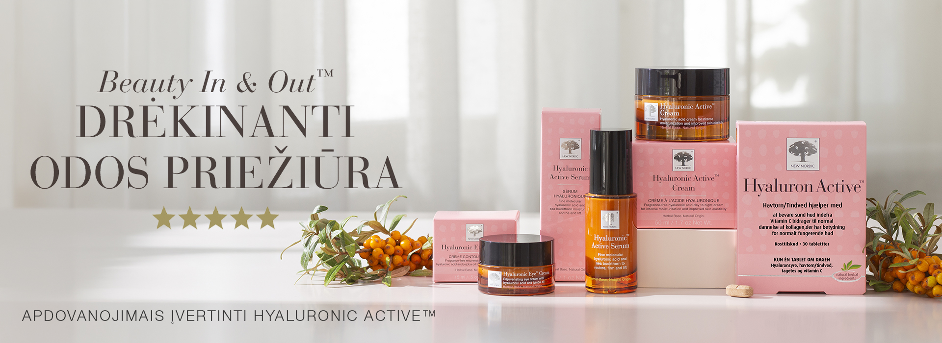 New Nordic Hyaluronic Active™ Beauty In & Out™ odos priežiūros produktų linija su šaltalankiais.