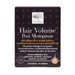 „New Nordic Hair Volume™ Post Menopause“ tablečių nuotrauka – su obuolių ekstraktu, B grupės vitaminais, cinku, biotinu ir klijų ekstraktu, padedančiais išlaikyti tankesnius ir blizgančius plaukus.