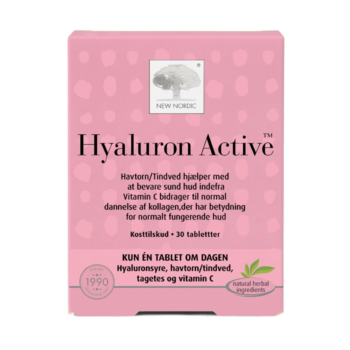 Naujų „Nordic Hyaluron Active™“ tablečių nuotrauka – su hialurono rūgštimi ir šaltalankių ekstraktu, kurie padeda išlaikyti odos stangrumą ir jaunatvišką spindesį.