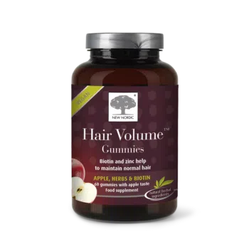„New Nordic Hair Volume™“ guminukai su biotinu ir cinku, padedantys išlaikyti normalią plaukų, odos ir nagų būklę – patogioje guminukų formoje.