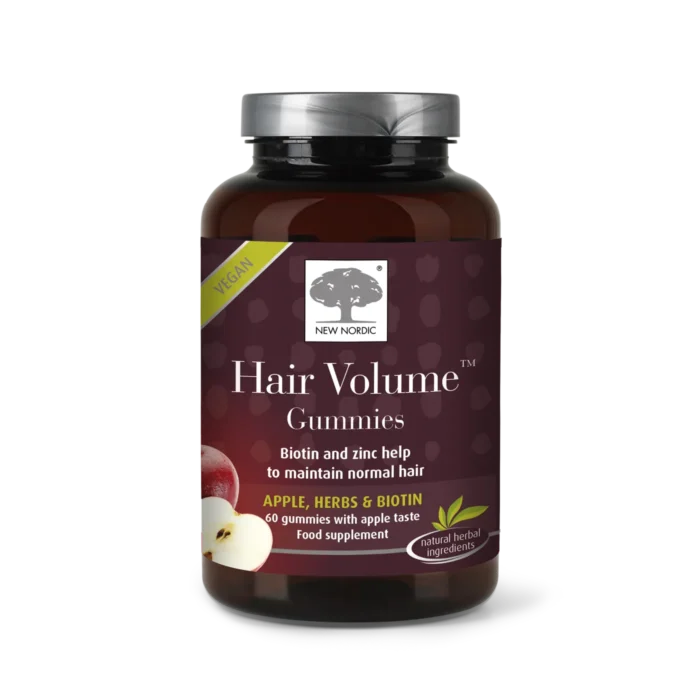„New Nordic Hair Volume™“ guminukai su biotinu ir cinku, padedantys išlaikyti normalią plaukų, odos ir nagų būklę – patogioje guminukų formoje.