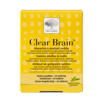 „New Nordic Clear Brain™“ tabletės su B grupės vitaminais padeda palaikyti kognityvines funkcijas ir protinę veiklą, taip pat mažina nuovargio jausmą ir išsekimą.