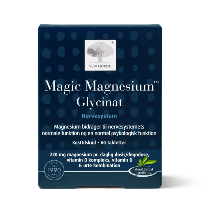 New Nordic Magic Magnesium™ Glycinat maisto papildas su magniu, B grupės vitaminais ir vitaminu D nervų sistemai.