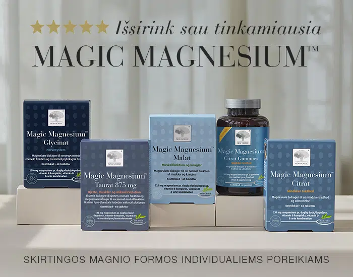New Nordic Magic Magnesium Glycinat, Taurat, Malat, Citrat Gummies ir Citrat produktų asortimentas.