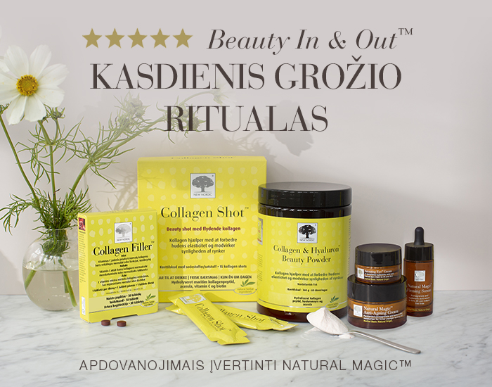 New Nordic Collagen Shot™, Collagen Filler™, Collagen & Hyaluronic Beauty Powder ir Natural Magic™ odos priežiūros produktai kasdieniam grožio ritualui.