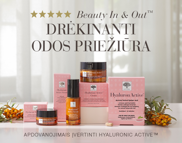 New Nordic Hyaluronic Active™ Beauty In & Out™ odos priežiūros produktų linija su šaltalankiais.