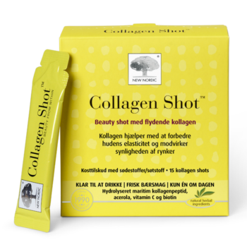 „New Nordic Collagen Shots™“ su hidrolizuotu jūros kolagenu, vitaminu C, acerola ir biotinu padeda išlaikyti odos elastingumą ir sumažinti raukšlių matomumą. Produkto nuotrauka.
