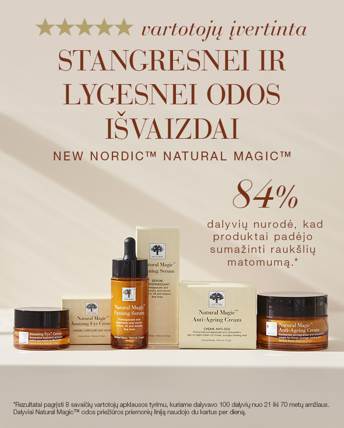 New Nordic Natural Magic™ senėjimą stabdančios odos priežiūros produktų linija, ekspertų patvirtinta ir įvertinta penkiomis žvaigždutėmis.