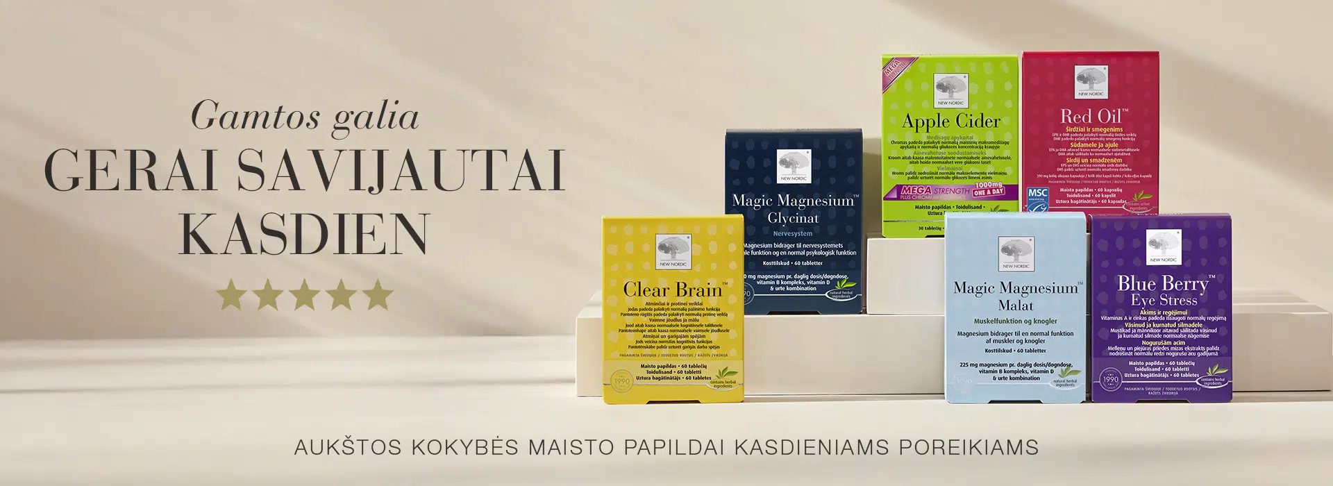 New Nordic Clear Brain, Magic Magnesium, Apple Cider, Red Oil ir Blue Berry maisto papildų asortimentas.