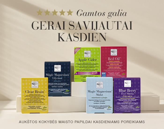 New Nordic Clear Brain, Magic Magnesium, Apple Cider, Red Oil ir Blue Berry maisto papildų asortimentas.