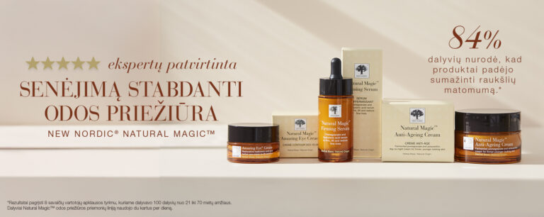 New Nordic Natural Magic™ senėjimą stabdančios odos priežiūros produktų linija, ekspertų patvirtinta ir įvertinta penkiomis žvaigždutėmis.