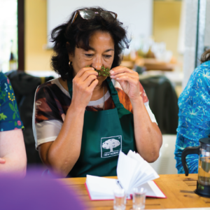 Herbal Schools 36 Moteris, uostanti žoleles žolelių mokyklos renginyje, susipažįstanti su augalais ir besimokanti apie jų panaudojimą.