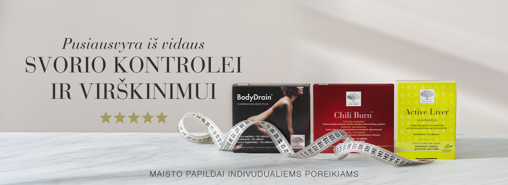 New Nordic BodyDrain, Chili Burn ir Active Liver pakuotės su matavimo juosta svorio kontrolei.