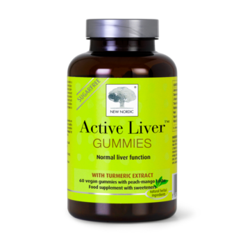 „New Nordic Active Liver Gummies“ buteliukas su kurkumų ekstraktu – maisto papildas, skirtas kasdieninei kepenų sveikatos palaikymui.