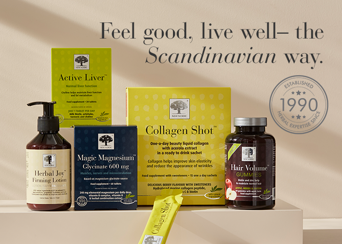 New Nordic produktud Active Liver™, Collagen Shot™, Magic Magnesium™, Hair Volume™ Gummies ja Herbal Joy™ Firming Lotion.