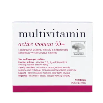 New Nordic Multivitamin Active Woman 55+ – vitaminų, mineralų ir mikroelementų kompleksas vyresnio amžiaus moterims, 90 tablečių.