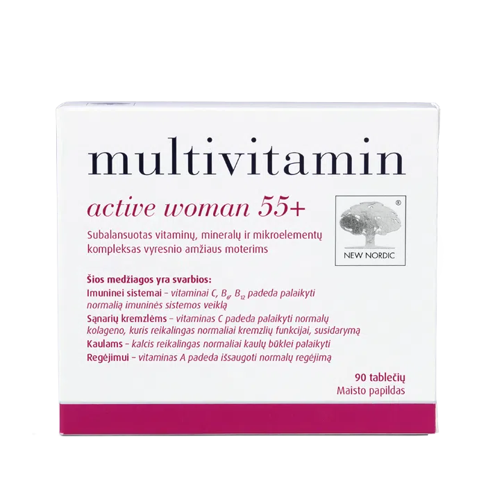 i_packshot_multivitamin_activewoman55_90_baltic New Nordic Multivitamin Active Woman 55+ – vitaminų, mineralų ir mikroelementų kompleksas vyresnio amžiaus moterims, 90 tablečių.