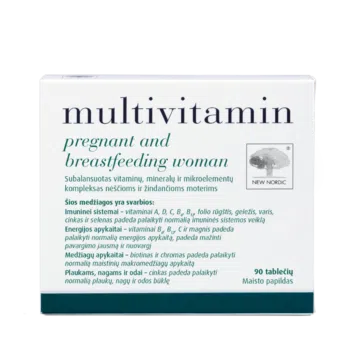 New Nordic Multivitamin Pregnant and Breastfeeding Woman – subalansuotas vitaminų ir mineralų kompleksas nėščioms ir žindančioms moterims, 90 tablečių.