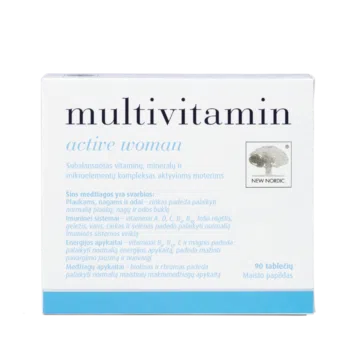 New Nordic Multivitamin Active Woman – subalansuotas vitaminų, mineralų ir mikroelementų kompleksas aktyvioms moterims, 90 tablečių.