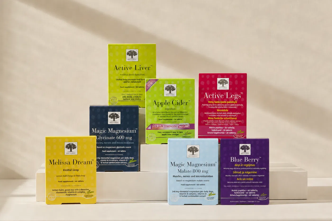 New Nordic maisto papildų asortimentas su Active Liver™, Apple Cider™, Active Legs™, Magic Magnesium™, Melissa Dream™ ir Blue Berry™.