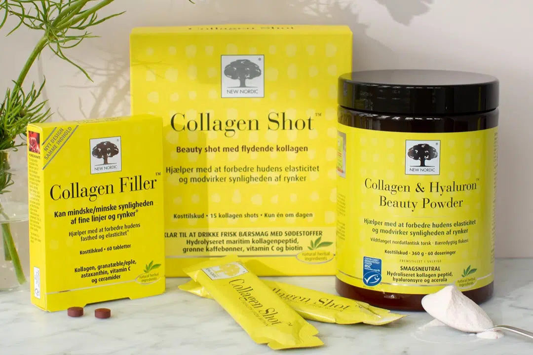 New Nordic Collagen Filler™, Collagen Shot™ ir Collagen & Hyaluron Beauty Powder kolageno produktai.