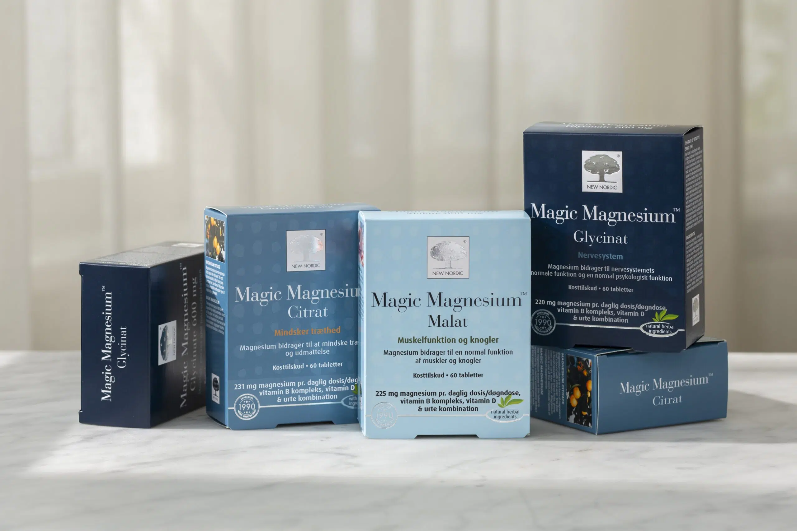 New Nordic Magic Magnesium™ Glycinat, Citrat ir Malat magnio papildų asortimentas.