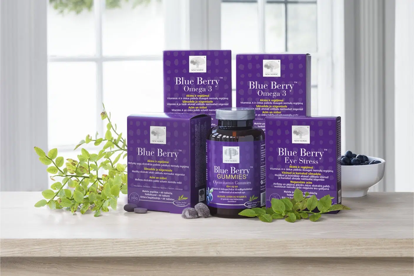 New Nordic Blue Berry™, Blue Berry Omega 3™, Blue Berry Eye Stress™ ir Blue Berry Gummies™ produktai su mėlynėmis.