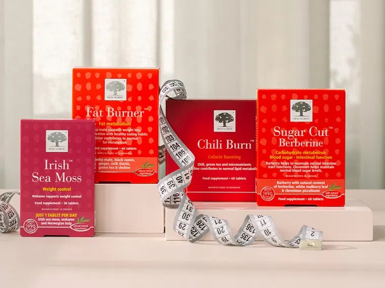 New Nordic Irish Sea Moss™, Fat Burner™, Chili Burn™ ir Sugar Cut™ Berberine maisto papildai su matavimo juosta.