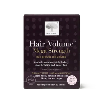 New Nordic Hair Volume™ Mega Strength maisto papildas su 60 tablečių, skirtas plaukų augimui ir apimčiai.